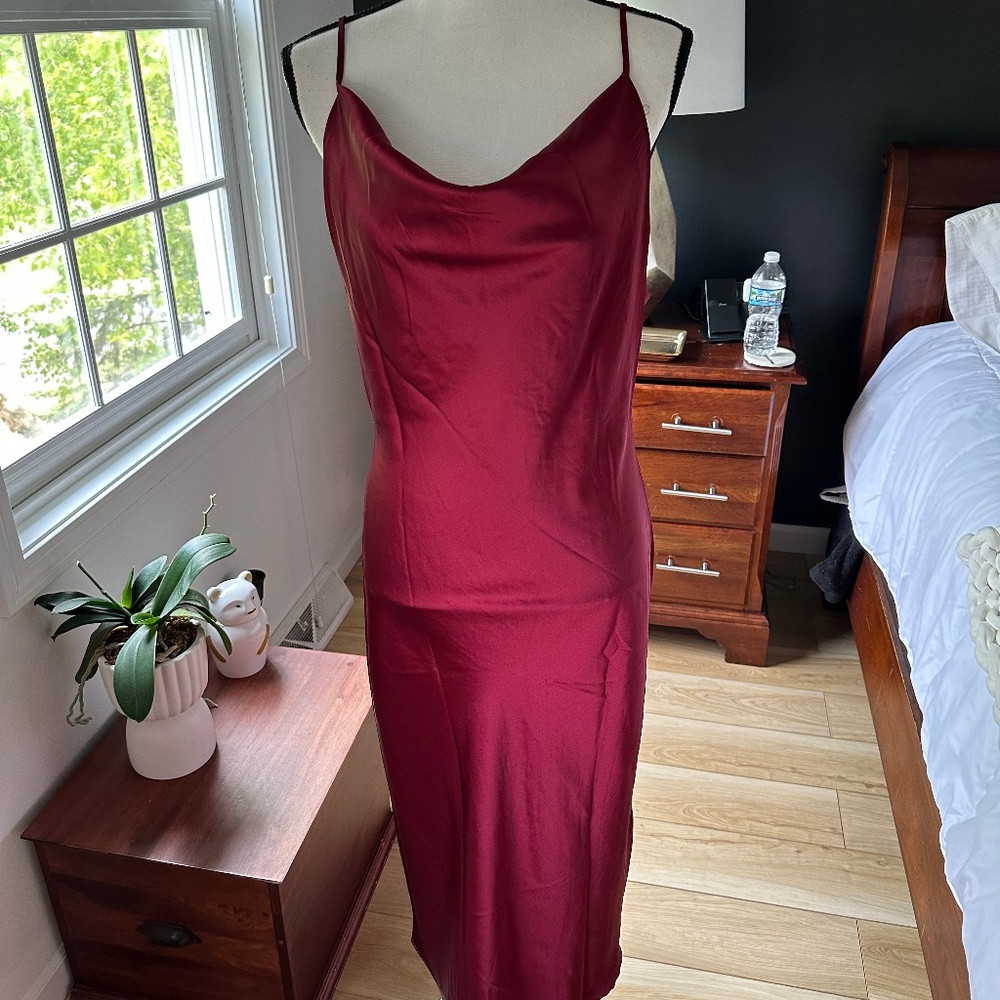 Burgundy Wine Drape Neck Scoop Back Midi Slip Dress - Size 8